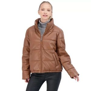 SEBBY COLLECTION NWT $90 Womens XL Brown Faux Leather Puffer Jacket SC5